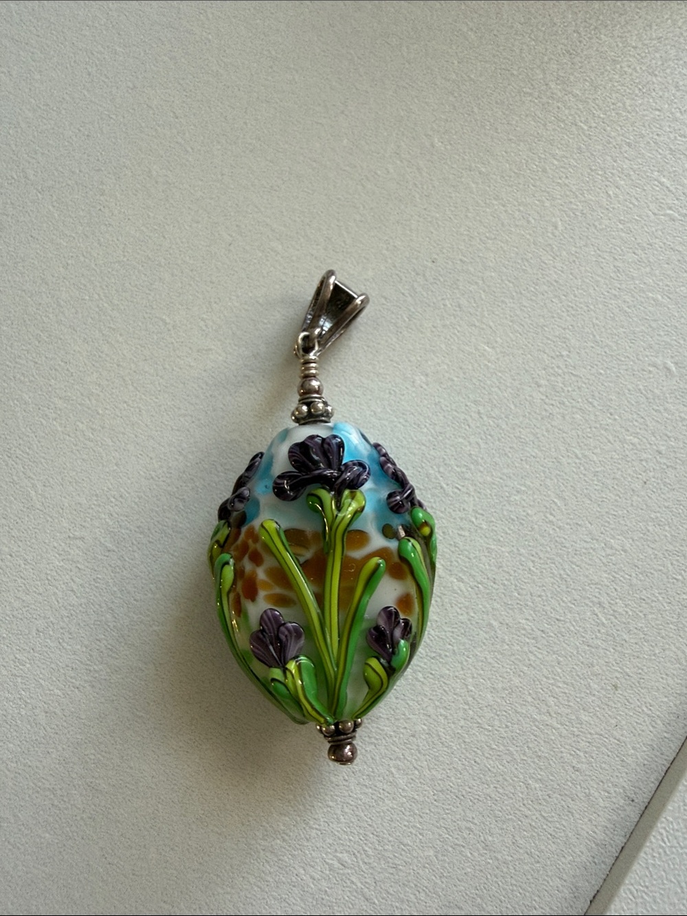 Handmade Floral Glass Pendant Necklace in Blue and Green